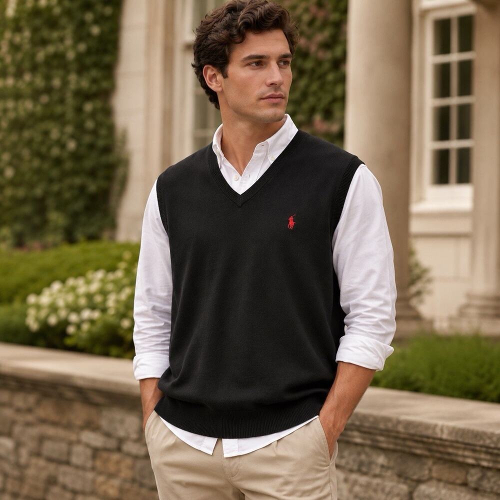 Polo Ralph Lauren Men’s XXL Black Pima Cotton V-Neck Sweater Vest Preppy Club